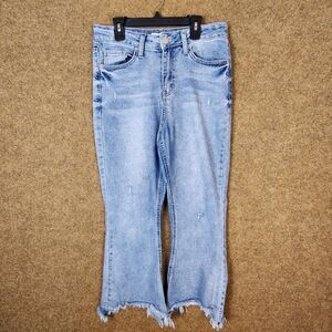 YMI Dream Fit Women Jeans High Rise Flare Size 9/29 Blue Raw Hem Pockets Stretch